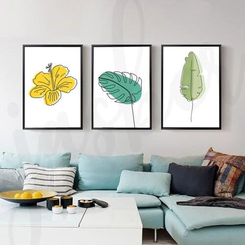 Line Yellow Flower and Green Leaves Canvas Painting Nordic Posters and Prints Minimalism Wall Pictures for Living Room Decor