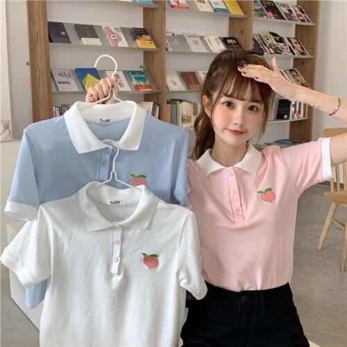 Hstar Summer Women Turn Down Collar Cotton Pink White Botton Blouse Femal Cartoons Short Sleeve Crop Top Female Cute Shirts