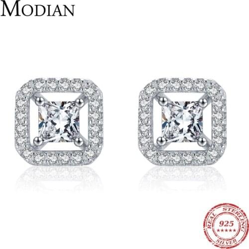 Modian Authentic 925 Sterling Silver Twinkling Geometric Square Stud Earrings for Women Classic Wedding Engagement Jewelry