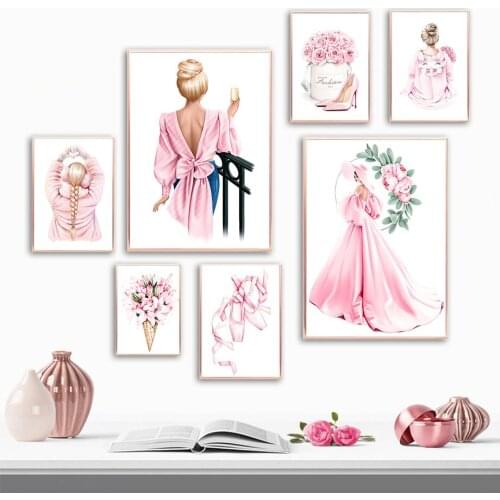 Fashion Girl High Heels Pink Flower Dance Shoes Nordic Posters And Prints Wall Art Canvas Painting Wall Pictures For Living Room