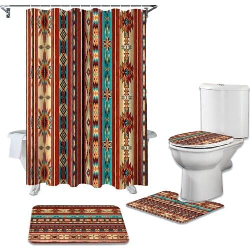 Bathroom Shower Curtain and Rug Sets Bohemian Art Geometric Graphics Toilet Lid Cover Bath Mat Waterproof Shower Curtains Set