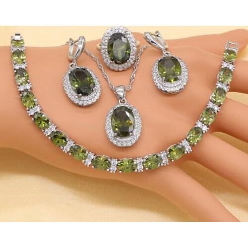 New Olive Green Zircon 925 Sterling Silver Jewelry Set for Women with Bracelet Earrings Necklace Pendant Ring Birthday Gift