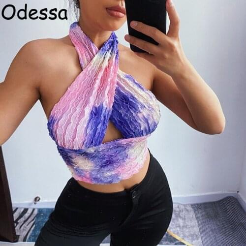 Odessa Women Off Shoulder Tie Dye Halter Neck Crop Top Y2K Sexy Backless Ruched Hollow Cut Out Wrap Sleeveless Tank Tops Summer