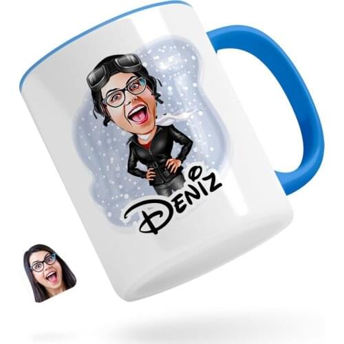 Personalized Female Pilot Caricature Of Blue Mug cup