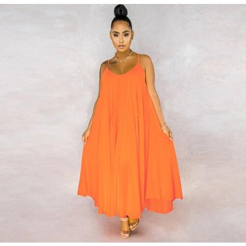 Orange Sky Blue Spaghetti Strap Big Swing Dress Women Low Neck Sleeveless Pleated Maxi Dress Summer Female Backless Beach Dress