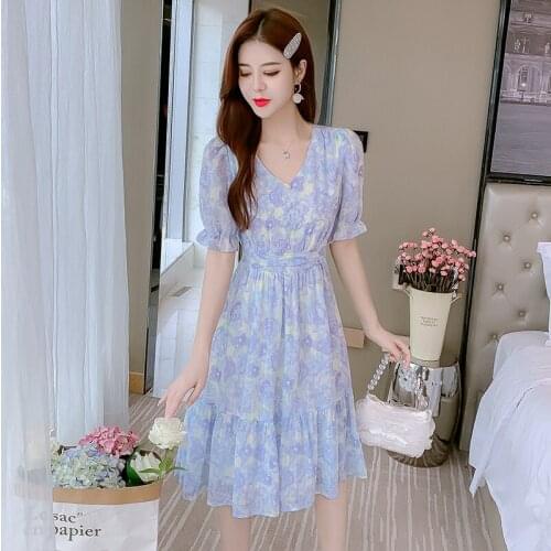 Sexy V-Neck Puff Sleeve Vintage Flowers Printed Dress Woman 2021 New Fashion Summer High Waist Party Dress