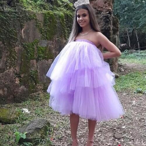 Chic Lavender High Low Tulle Girls Dresses Birthday School Party Off The Shoulder Ruffles Mesh Tulle Knee Length Women Dresses