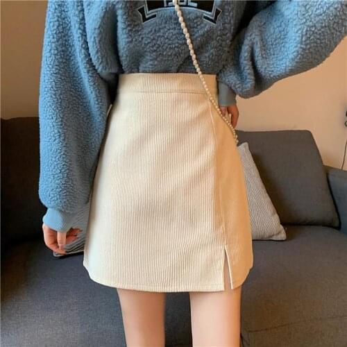 Half-length Skirt Women 2020 New High-waist Corduroy Split Short Skirt Is Thin And Anti-glare A-line Package Hip Skirt