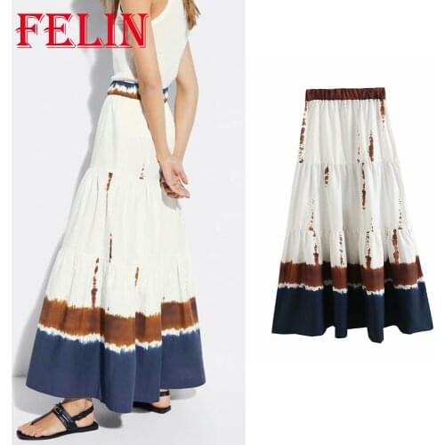 Za 2021 Women Chic Tie Dye Print Ruffles Midi Skirts High Waist Vintage Elastic Skirts Office Lady Boho Mujer Faldas