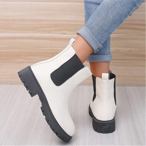 Women Autumn Winter Chelsea Booties Low Heels Slip On Shoes Ladies Fashion Leather Platform Ankle Boots Black White Plus 35-43