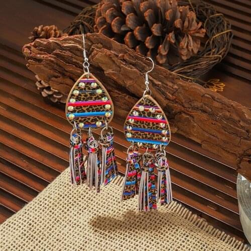2021 Wholesale Bohemian Holiday Western Style Colorful Leopard Stripe Diamond Drop Fringe Ladies Leather Earrings
