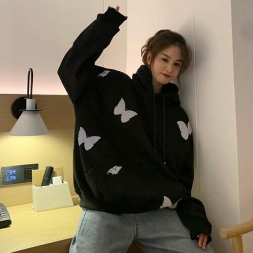 Women Thick Fleece Loose Casual Pullovers Reflective Butterfly Hooded Sweatshirts Autumn Winter Big Pocket Leisure Warm Hoodies