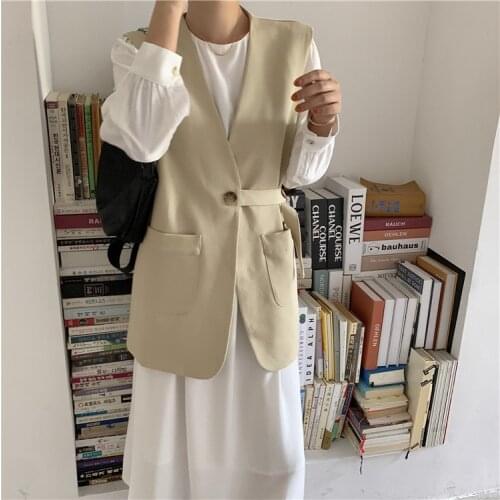 Korean style Womens Formal Vest Work Wear Chic Single Button Belted Coat Wit Pocket 2021 Spring Clothes