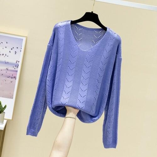 Early spring 2021 new V-neck womens sweater loose lazy wind thin cut-out knitting bottomed sweater fashion