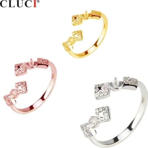 CLUCI Symmetric Adjustable 925 Silver Pearl Ring Mounting for Women Wedding Engagement Jewelry Rose Gold Zircon Ring SR2064SB
