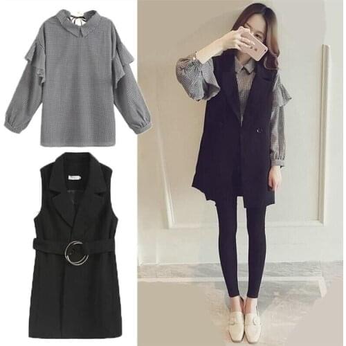 2pc/1set Women Sleeveless Vest + Long Sleeve Chiffon Shirt Cotton Tank Top Set