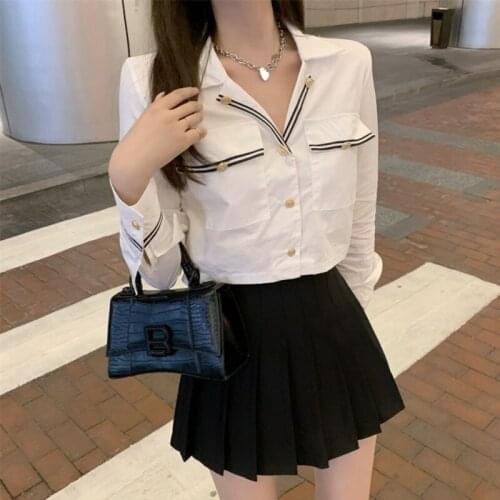 2021 Spring Preppy 2 Piece Set Women Long Sleeve Crop Top + Pleated Mini Skirt Suits Sets Students 2 Piezas Two Piece Outfits