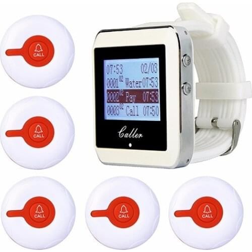 999CH Wireless Restaurant Pager Waiter Calling System 5pcs Call Transmitter Button+1pcs Wrist Receiver 433MHz