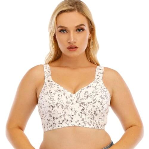Melansheng Floral Full Coverage Cotton Unlined No-Wire Plus Size Bra 80B-110E Wide Straps Wireless Balconette Bra