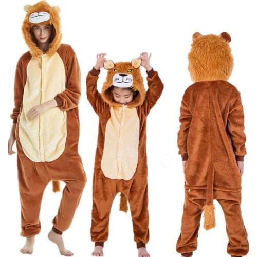 Children Adult Flannel Lion Tiger King Kids Hooded Onesies Pajamas Cosplay Costumes For Halloween New Year Carnival Party