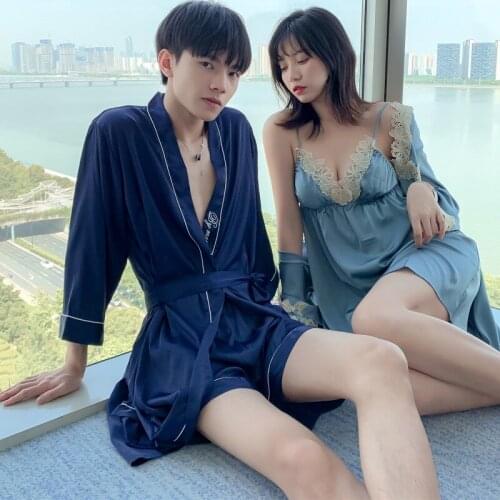 2PCS Couple Rayon Robe Set Sexy Lace Sling Nightdress Kimono Men Lounge Bathrobe&Shorts Pajamas Suit Summer Lovers Dressing Gown