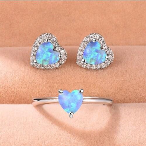 Boho Female Wedding Ring Earrings Jewelry Set Fashion Blue Fire Opal Heart Ring Stud Earrings Bridal Jewelry Sets For Women
