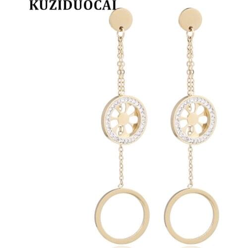 Kuziduocai New Fashion Jewelry Hot Zircon Flower Dangle Circle Chain Titanium Stainless Steel Drop Earrings For Women Pendientes