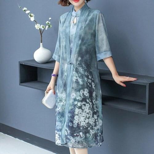 Summer ladies chiffon dress 2020 new spring summer retro printed cheongsam two-piece suit loose five-point sleeve Vestidos A849