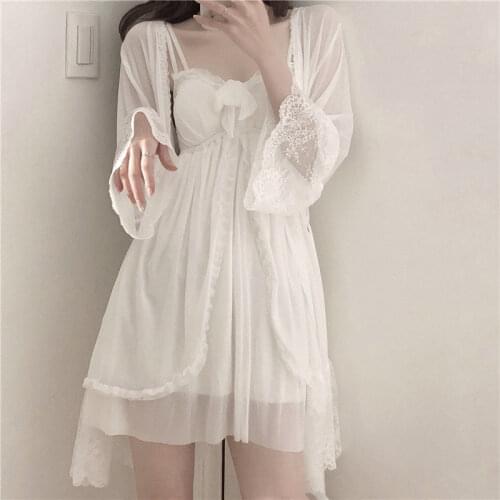 2021 Korean Nightwear Girls Sexy Robes Nightdress 2 Piece Set Women Summer Princess Sleepwear Lace Nightgown Nighty for Ladies