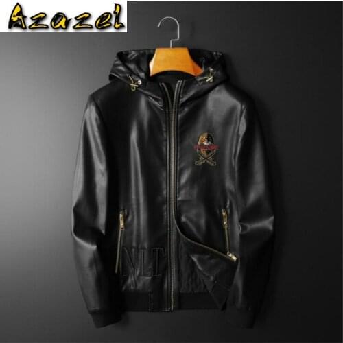 2020 Autumn Winter Mens New Hooded Leather Jacket Korean Slim Trendy Personality Pirate Bead Embroidered male Motorcycle Jackets