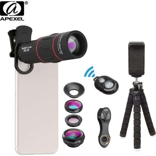 APEXEL APL-T18XBZJ5 Telephoto 4 in 1 Cellphone Lens Kit 18X 0.63X Wide Angle 15X Macro Lens with Shutter Tripod Phone Holder