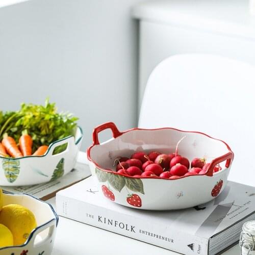 Nordic Kitchen Salad Bowl Baking Bowl Family Restaurant Fruit Plate Vegetable Plate Hand Colored Two-eared Baking Plate