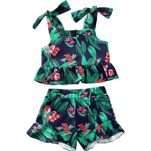 Newly Summer Lovely Infant Baby Girls Clothes Sets Floral Print Sleeveless Vest Tops+Ruffles Shorts 2pcs
