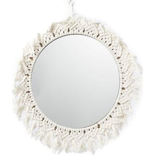 Handmade Woven Hanging Wall Mirror Bohemian Cotton Rope Macrame Fringe Decor 2XPE