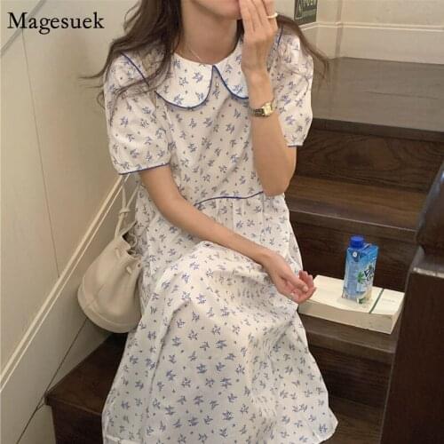 Casual Floral Dresses Puff Sleeve Sweet Doll Collar Loose Summer Dress Women 2021 Female Plus Size Korean Print Midi Dress 15258