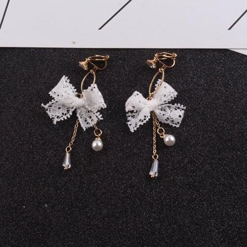 JIOFREENew Personality Fashion Sweet Cute Lace Bow-knot Tassel Pearl Clip Earrings Jewelry Earring For Women Female Accessories