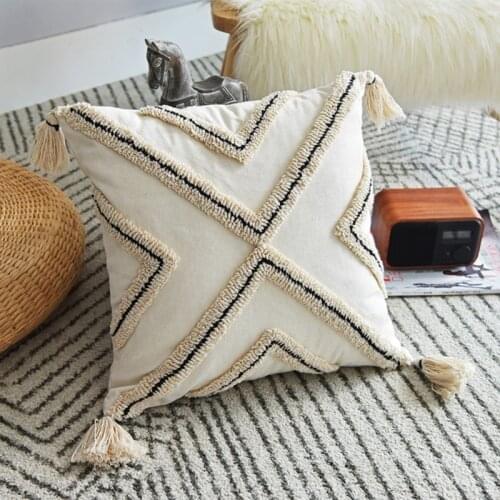 Nordic Boho Throw Pillow Case Woven Tufted Striped Cushion Cover with Tassels P31E