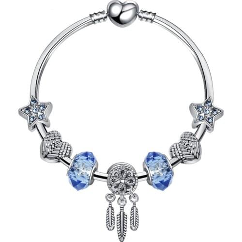 SZELAM Silver Heart&star Bracelets&Bangles For Women Jewelry Crystal DIY Bracelet Charms Blue Dreamcatcher Bracelet SBR190345
