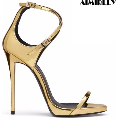 Womens Shoes Open Toe High Heels Sandals Ankle Cross Strap Golden Stilettos Ladies Wedding Party Shoes Aimirlly