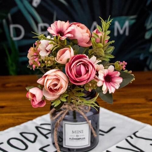 Vintage Camellia Rose Wedding Decoration Bloom Artificial Flower Silk Flowers Pearls Bracts Vase Flowerpot Decorate Bouquet Home