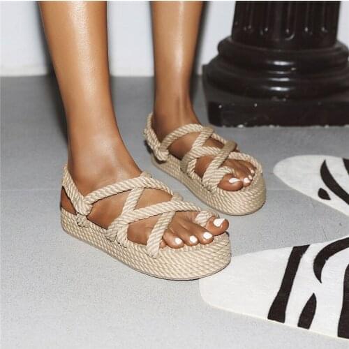 YQBTDL 2020 Leisure Vacation Hemp Rope Cross Strap Gladiator Sandal Women Flat Platfom Shoes Summer Ring Toe Slip on Sandal Shoe
