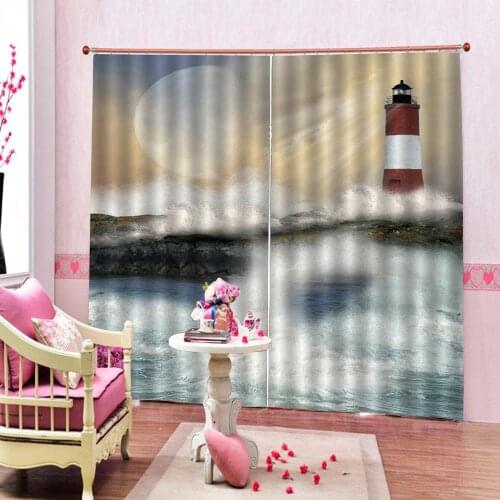Sunset Seaside Lighthouse Blackout Curtain Large Window For Living room Bedroom Photo Print Drapes Sets (Left and Right Side)
