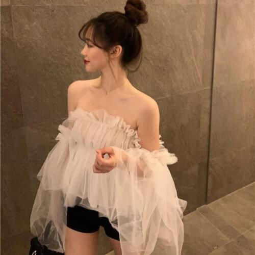 Women Blouse Off-Shoulder Short Long Sleeve Mesh Lace Chiffon Womens Clothing Summer 2021 Shirt White Top Blusas Mujer De Moda