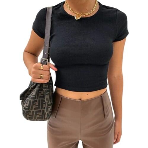 2021 Fashion Trend Womens Rib Knit T-Shirts Sexy Short Sleeve Round Neck Solid Color Lace-Up Backless Slim Fit Crop Tops Tees