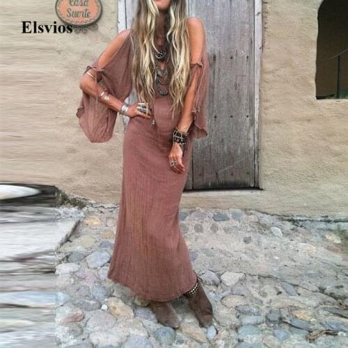 Sexy Tie-Up Off Shoulder Long Beach Dress Women Elegant V Neck Party Dress Lady Casual Solid Pullover Loose Boho Maxi Dress 2021