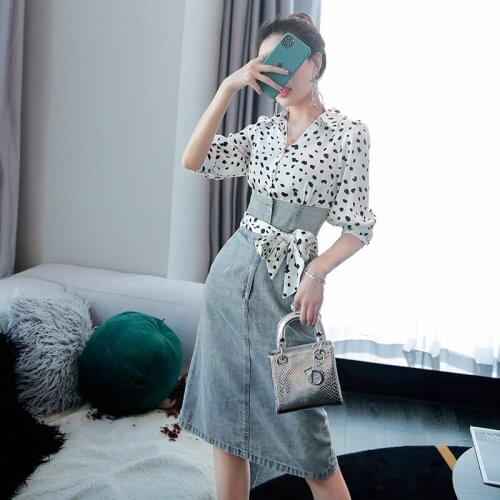Womens dress spring new fashion fake two-piece shirt denim one-piece skirt womens one-piece skirt womens one-piece skirt 2020