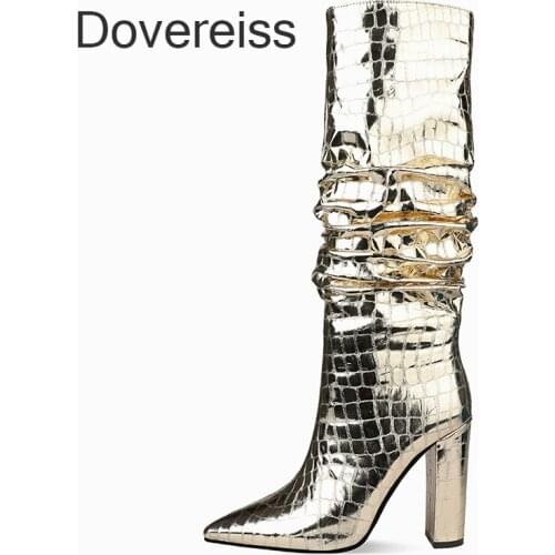 Winter Woman New Fashion Sexy Consice Pure Color Gold Silver Pointed Toe Chunky Heels Zipper Knee High Boots Big Size 44 45