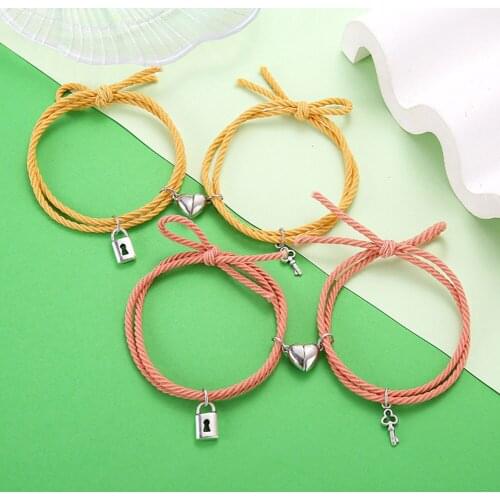2pcs / set heart magnet attract couple Bracelet lock key pendant love jewelry adjustable braided rope bangle for women and men