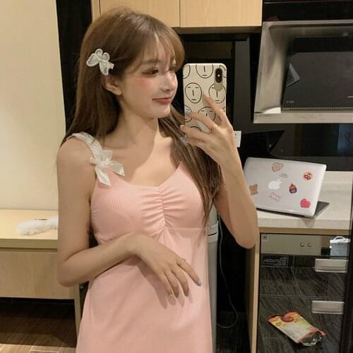 2021 Women Sling Dress House Casual V-Neck Solid Spaghetti Sleeveless Slips Under Sexy Ladies Lace Bow Vestido Ropa Mujer Pink