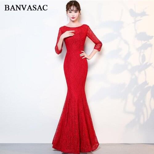 BANVASAC 2018 Embroidery O Neck Mermaid Lace Long Evening Dresses Party Cut Out Three Quarter Sleeve Prom Gowns